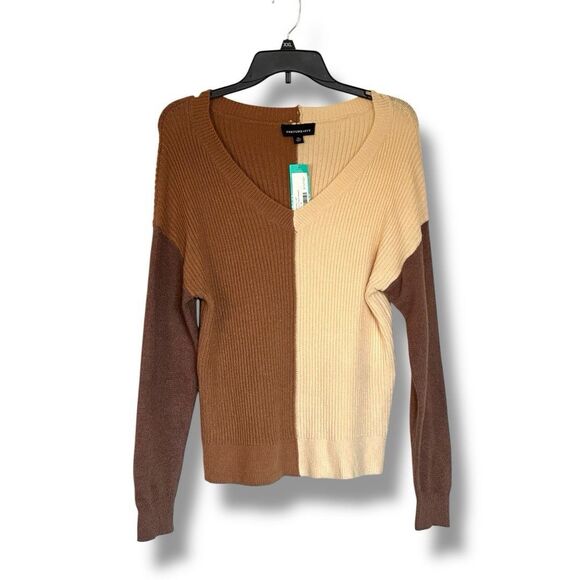 Fortune + Ivy V Neck Brown Color Block Sweater XS NWT Stitchfix Minimalist - Picture 1 of 7
